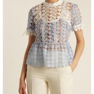 Self Portrait Blue and White Lace Peplum Top